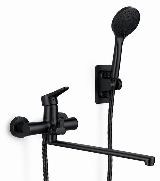 Miscelatore per vasca da bagno con doccetta, rubinetto per vasca con bocchetta lunga da 30 cm, miscelatore per vasca, in ottone, set completo con finitura cromata (nero)