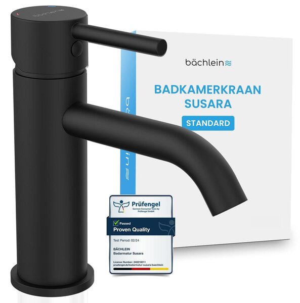 Rubinetto per vasca con beccuccio curvo, miscelatore monocomando dal design moderno, dotato di cartuccia Vetroceramica resistente e kit di montaggio, finitura nero opaco