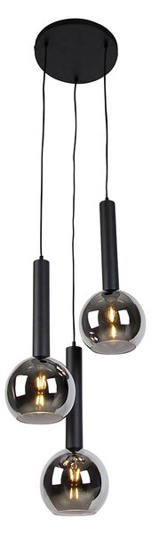 Lampada a sospensione moderna nera con vetro fumé 3 luci - Clayton