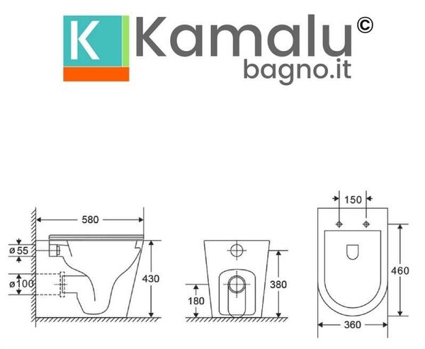 Kamalu vaso filo muro con sistema soft-close senza brida | klea-tf