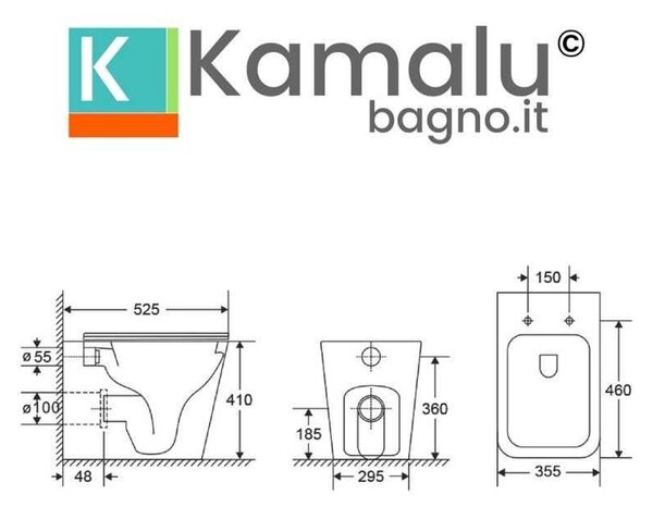 WC filomuro salvaspazio senza brida e sedile soft-close | LITOS-TFS - KAMALU