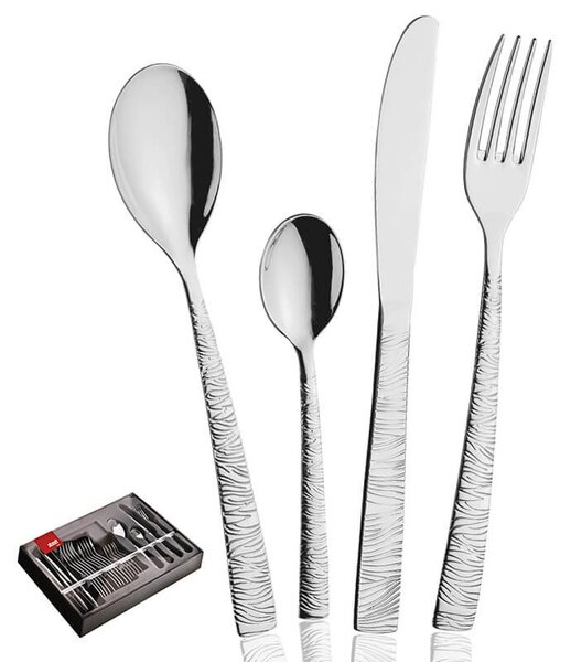 24-Piece Cutlery Set from Abert's Naif Line, Extremely Modern Design, the streaks on the handle make it pleasant to the touch and make the look of this very transgressive cutlery. A Must Have, for those who are not satisfied with the usual cutlery