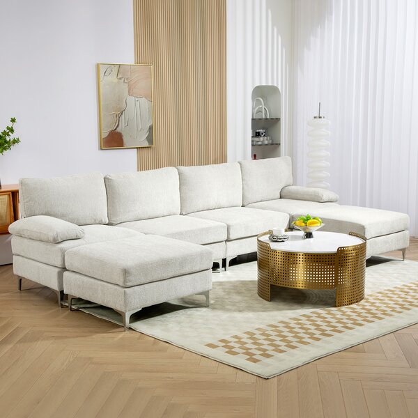 HOMCOM Divano Componibile con 6 Cuscini, in Tessuto Effetto Ciniglia, Struttura in Legno e Acciaio, 313x149x88 cm, Bianco Crema|Aosom