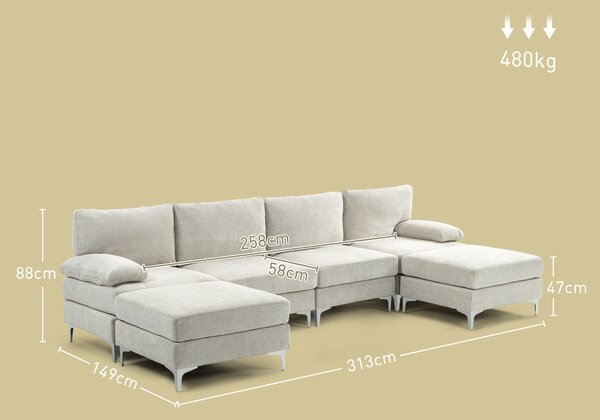 HOMCOM Divano Componibile con 6 Cuscini, in Tessuto Effetto Ciniglia, Struttura in Legno e Acciaio, 313x149x88 cm, Bianco Crema|Aosom
