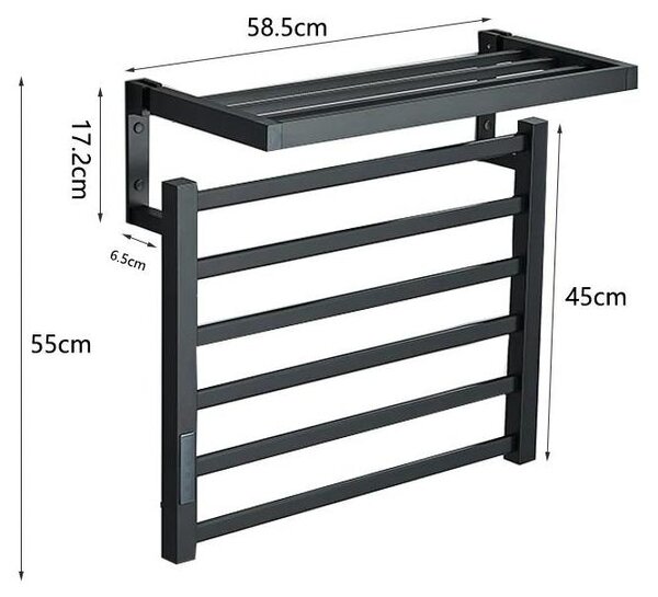 Asciugamani elettrico da parete - Modello 5558 - Display digitale - Termostato - Risparmio energetico - 220V - 58,5x55 cm - Acciaio inossidabile - Nero