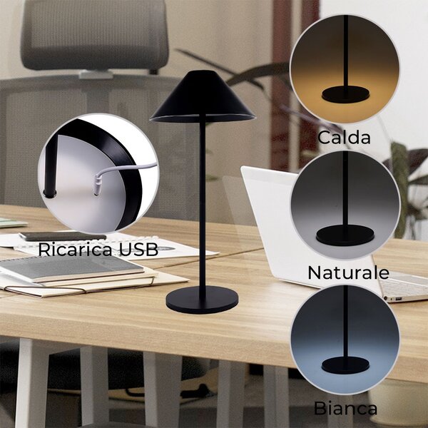 Lampada da tavolo Led touch Nam Nera 5W portatile a batteria ricaricabile USB Dimmerabile Wisdom
