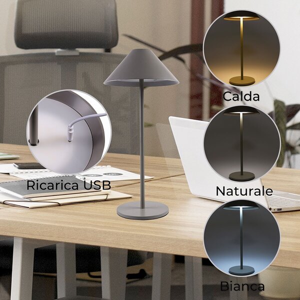 Lampada da tavolo Led touch Nam Grigia 5W portatile a batteria ricaricabile USB Dimmerabile Wisdom