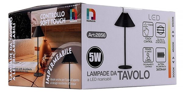Lampada da tavolo Led touch Nam Nera 5W portatile a batteria ricaricabile USB Dimmerabile Wisdom