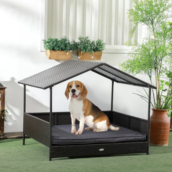 PawHut Casetta per Cani Rialzata con Cuscino Sfoderabile, in Rattan PE e Acciaio, 117x85x89 cm, Grigio e Marrone|Aosom