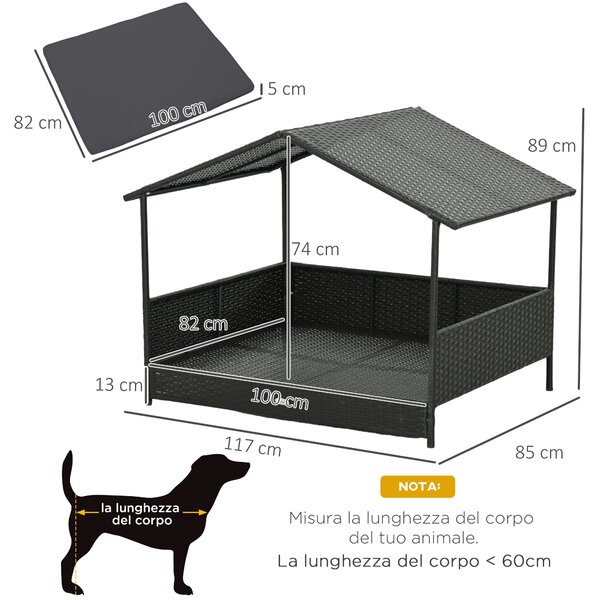 PawHut Casetta per Cani Rialzata con Cuscino Sfoderabile, in Rattan PE e Acciaio, 117x85x89 cm, Grigio e Marrone|Aosom