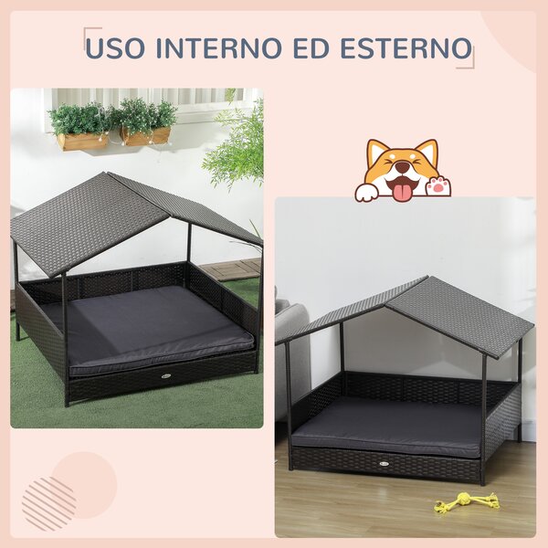 PawHut Casetta per Cani Rialzata con Cuscino Sfoderabile, in Rattan PE e Acciaio, 117x85x89 cm, Grigio e Marrone|Aosom