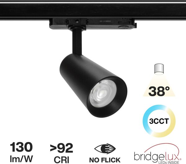 Faro LED 30W Trifase Nero CRI92 CCT Bianco Variabile 38° Bridgelux LED Colore Bianco Variabile CCT