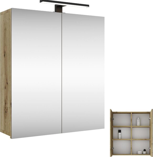 Planetmöbel Merkur Armadio a specchio per il bagno Larghezza 60 cm Armadio a sospensione per il bagno con specchio, rovere artizan, con luce LED nera