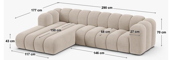 Divano angolare color crema (con penisola a destra/con chaise lounge) con rivestimento in ciniglia Lupine – Micadoni