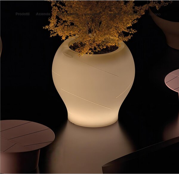 Vaso dalle forme morbide e avvolgenti, Vera Pot SMALL Dimensioni 50x h 48 cm -LED OUTDOOR BATTERY RGBW - OPA ALB Finitura Alabastro Effetto Luca calda