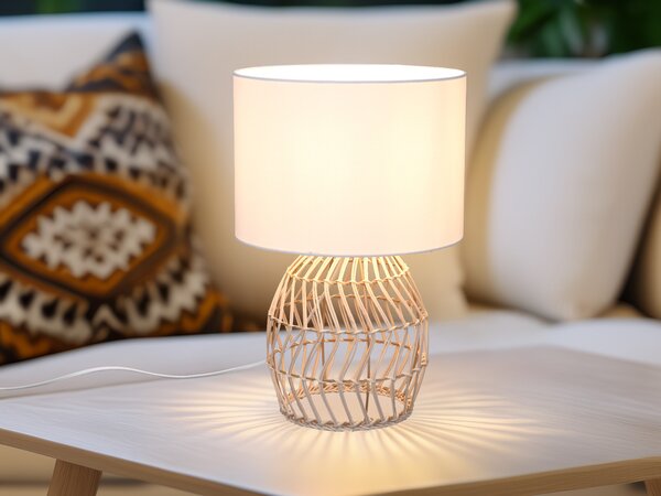 Lampada da tavolo a LED in stile boho lampada da comodino in rattan natura paralume in tessuto bianco Ø25cm