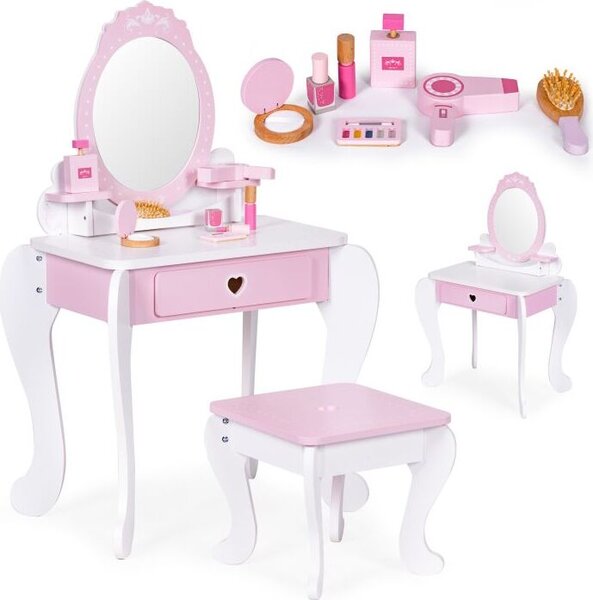 Tavolino da trucco per bambini, con sgabello e specchio. Tavolino da trucco in legno per bambini, modello principessa, con cassetto, ideale per bambine