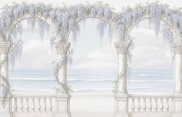 Carta da parati Arco bianco decorato con fiori viola, Carta da parati Floreale, Carta da parati popolare, t00839v1 - Tapeko.it