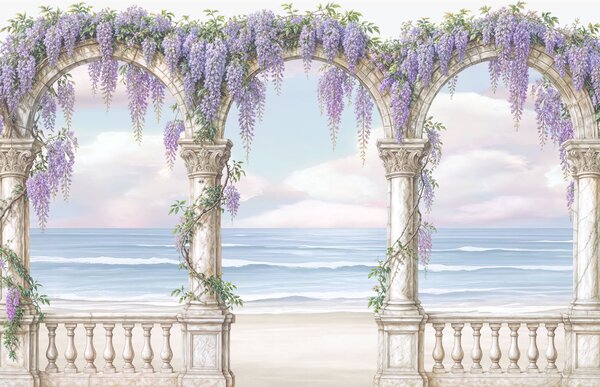 Carta da parati Dipinto raffigurante un arco decorato con fiori viola, Carta da parati Floreale, Carta da parati popolare, t00839 - Tapeko.it