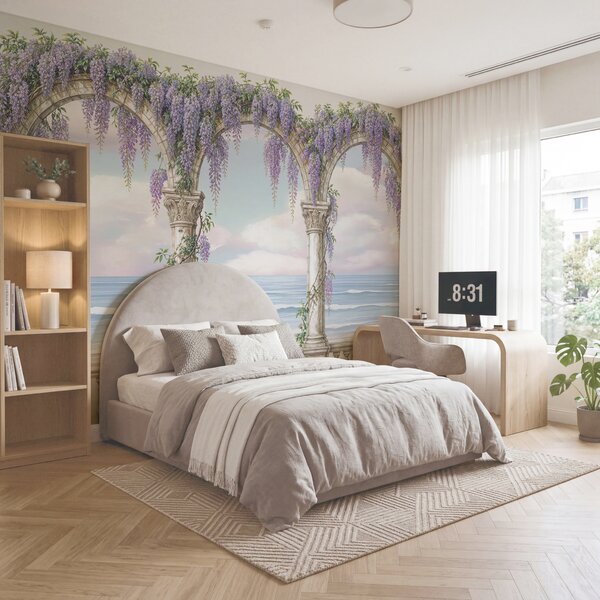 Carta da parati Dipinto raffigurante un arco decorato con fiori viola, Carta da parati Floreale, Carta da parati popolare, t00839 - Tapeko.it