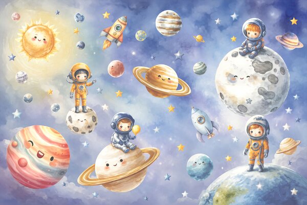 Carta da parati Gruppo di astronauti e pianeti disegnati in stile cartone animato, Carta da parati Spazio, Carta da parati popolare, t00841 - Tapeko.it