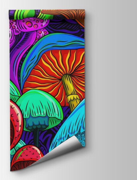 Carta da parati Arte colorata con funghi e teschi, Carta da parati Moderno, Carta da parati popolare, t00847 - Tapeko.it