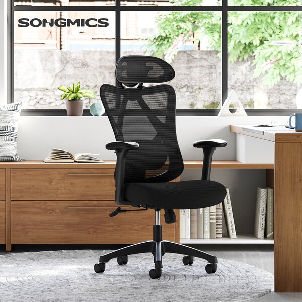 SONGMICS Poltrona da ufficio, ergonomica, supporto lombare e poggiatesta regolabili, nera
