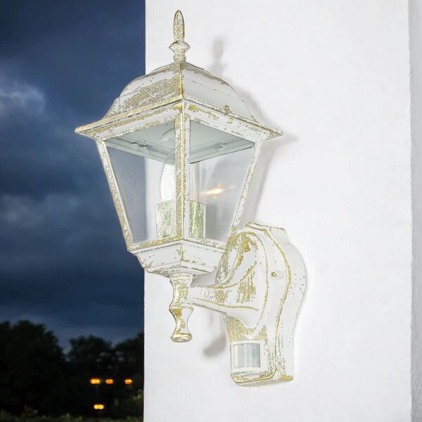Applique da esterno con rilevatore di movimento "Tirol" Oro bianco Stile country E27 Lampada da parete rustica Casa