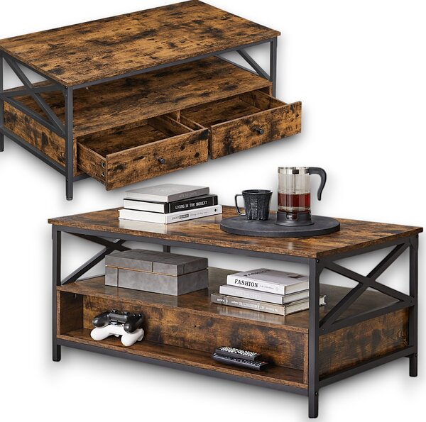 Tavolino da salotto in stile rustico, dimensioni 100x55x45 cm, con spazio contenitivo, tavolino da caffè con ripiano, design a forma di X, tavolino con 2 cassetti, colore marrone vintage/nero