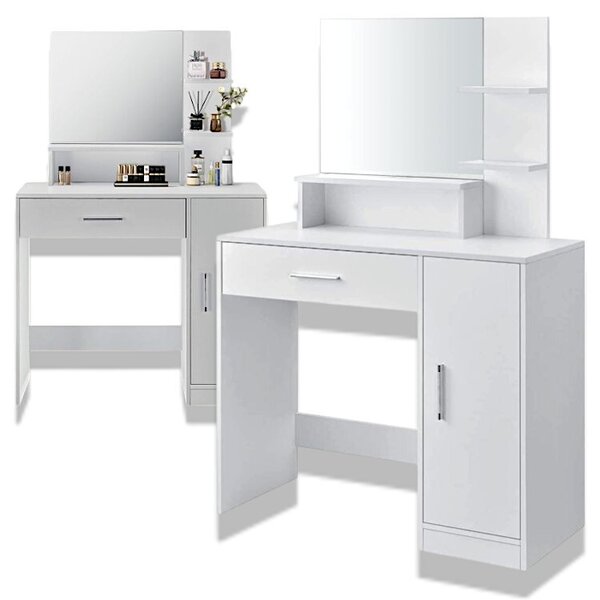 Comò da trucco con specchio, 1 cassetto, scomparti. Tavolino da trucco per cosmetici. Comò, scaffali, scrivania, bianco