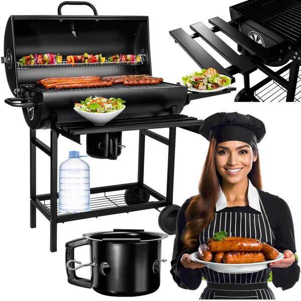 BARBECUE a carbone, griglia da giardino con 2 griglie, carrello per barbecue con coperchio, termometro, contenitore per la cenere, ripiani pieghevoli, griglie in acciaio inossidabile