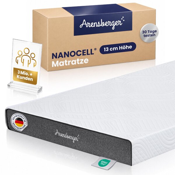 ARENSBERGER ANNA, materasso in schiuma di gel 90x200 cm - Schiuma di gel NANOCELL® da 13 cm - Durezza H3 - Traspirante - Sfoderabile 240g/m²