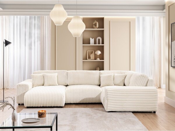 Divano angolare color crema (con penisola a destra/a U) rivestito in velluto a coste Justin – Ropez