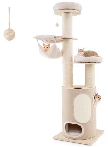 Costway Albero per gatti in legno 187cm con nido a 2 piani 2 amache 2 posatoi, Arredo arrampicata a 6 livelli per gatti Naturale