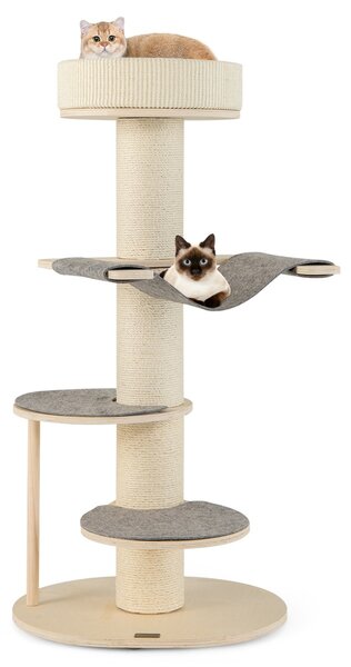 Costway Albero per gatti da 120cm con tiragraffi in sisal rinforzato tappetino in sisal, Torre per gatti in legno multi-livello Grigio