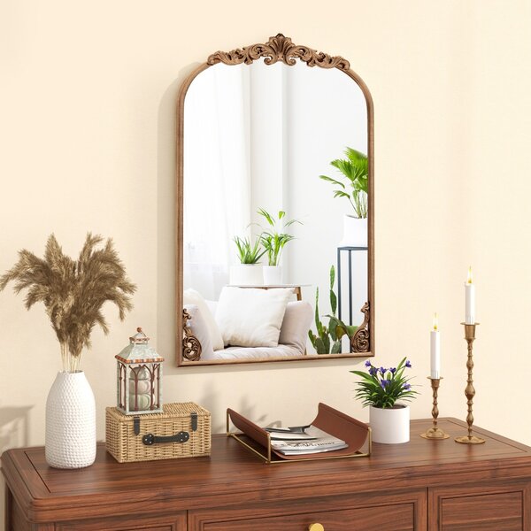 Costway Specchio da parete ad arco barocco ornato con cornice in metallo, Specchio da parete vintage ed antico 76 x 51 cm