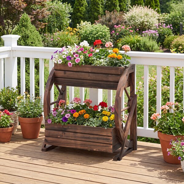 Costway Fioriera 2 livelli rialzata carretto legno fori drenaggio semi-ruote verdure erbe aromatiche, Fioriera decorativa interni esterni patio giardino balcone