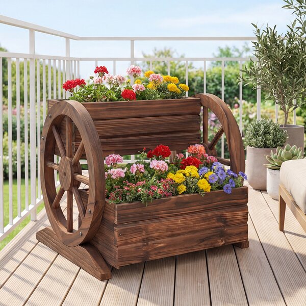 Costway Fioriera giardino 2 livelli interno esterno carro legno fori drenaggio ruote, Fioriera supporto decorativo vaso patio balcone giardino