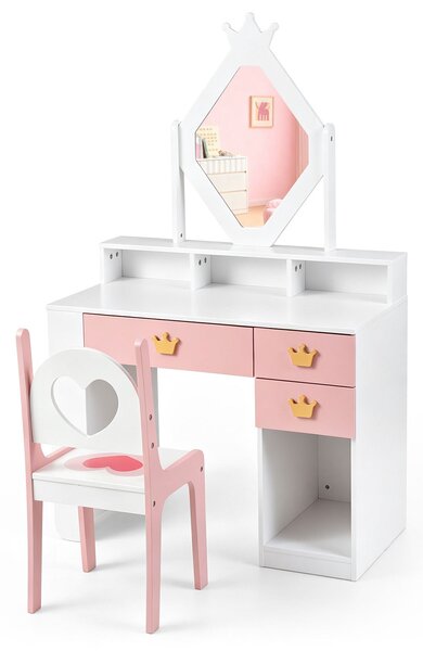Costway Set toeletta da trucco con specchio a forma di rombo con sgabello 3 cassetti, Tavolo da trucco in legno per bambini 3-7 anni per cameretta