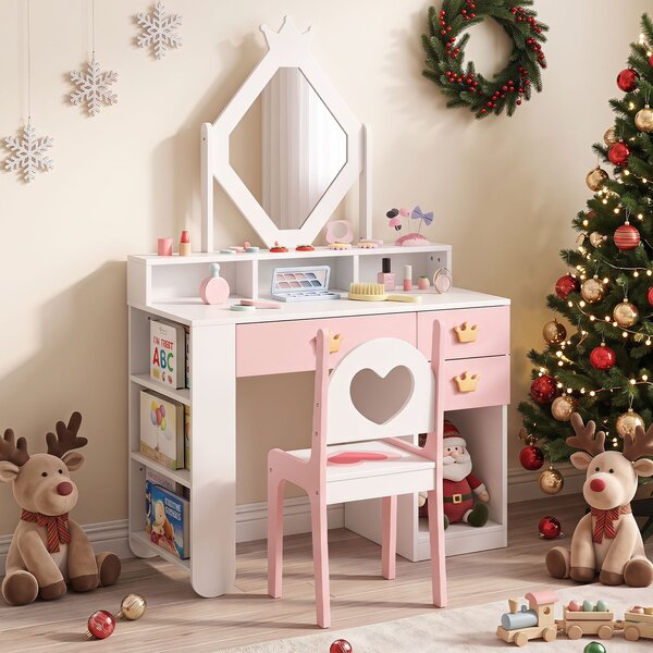 Costway Set toeletta da trucco con specchio a forma di rombo con sgabello 3 cassetti, Tavolo da trucco in legno per bambini 3-7 anni per cameretta