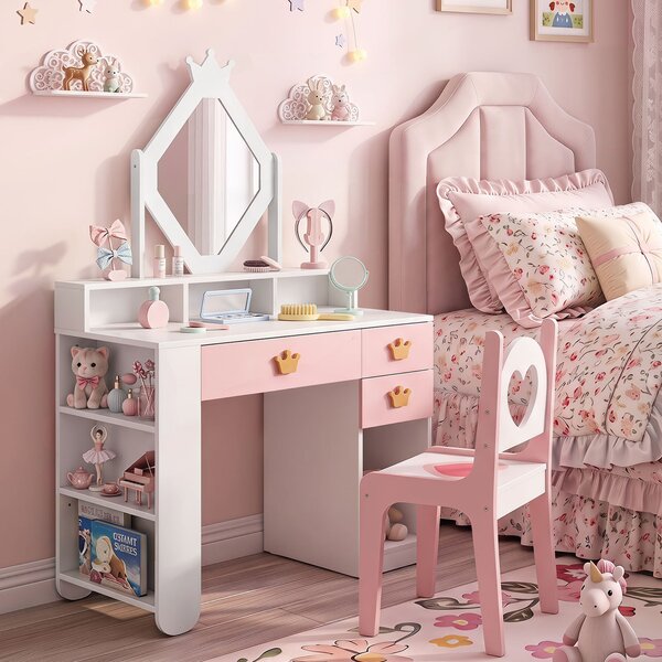 Costway Set toeletta da trucco con specchio a forma di rombo con sgabello 3 cassetti, Tavolo da trucco in legno per bambini 3-7 anni per cameretta