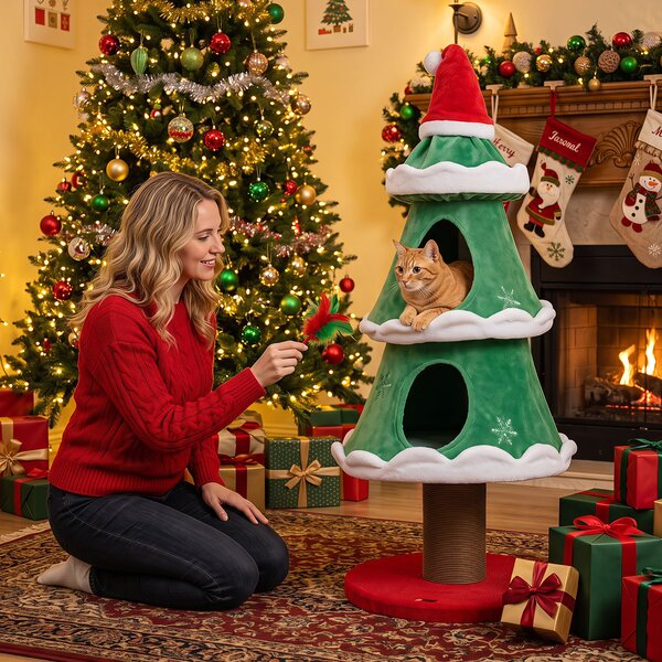 Costway Albero tiragraffi per gatti da interno con 2 cucce con palo per graffiare, Cuccia per gatti a forma di albero di natale con ampi ingressi per gattini