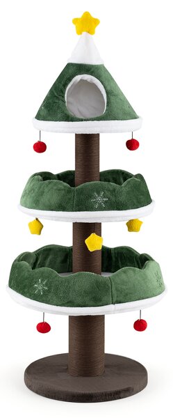 Costway Albero di natale per gatti a 3 livelli con pali graffiatoi superficie in peluche, Albero tiragraffi per gattini da interno con 1 grotta e 2 piattaforme