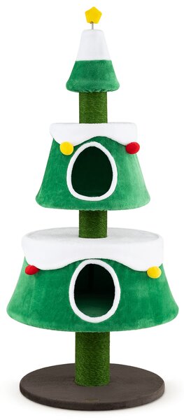 Costway Albero di natale per gatti con 2 cuccie pali graffiatoio posatoi pompon, Tiragraffi alto a multilivelli 156 cm con cuscini per gatti adulti e piccoli