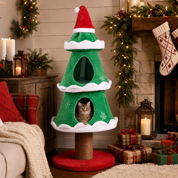 Costway Albero tiragraffi per gatti da interno con 2 cucce con palo per graffiare, Cuccia per gatti a forma di albero di natale con ampi ingressi per gattini