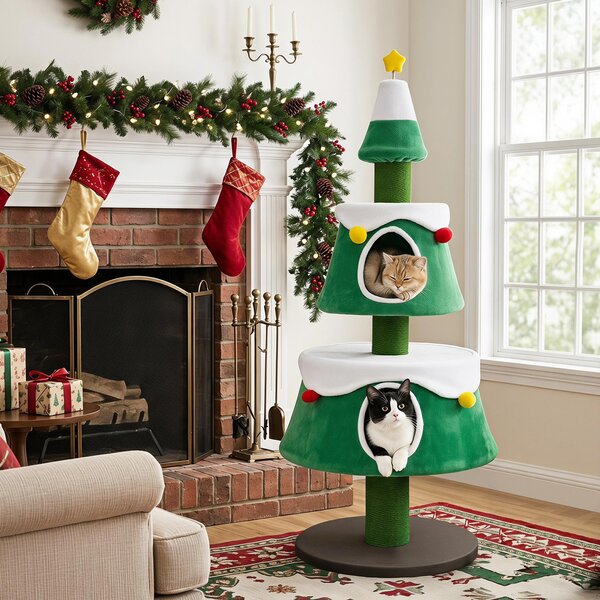 Costway Albero di natale per gatti con 2 cuccie pali graffiatoio posatoi pompon, Tiragraffi alto a multilivelli 156 cm con cuscini per gatti adulti e piccoli