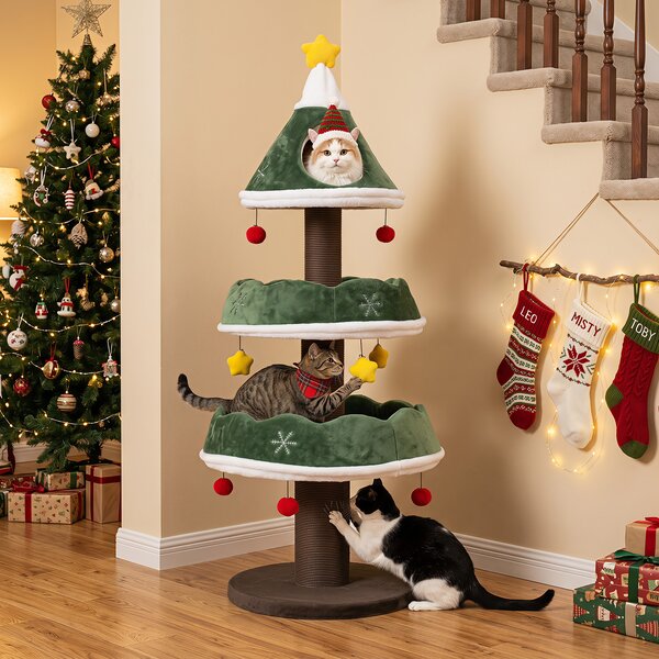 Costway Albero di natale per gatti a 3 livelli con pali graffiatoi superficie in peluche, Albero tiragraffi per gattini da interno con 1 grotta e 2 piattaforme