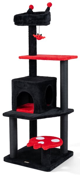 Costway Albero tiragraffi per gatti 144 cm per gatti adulti e piccoli, Parco di attività a 5 livelli stile halloween Rosso