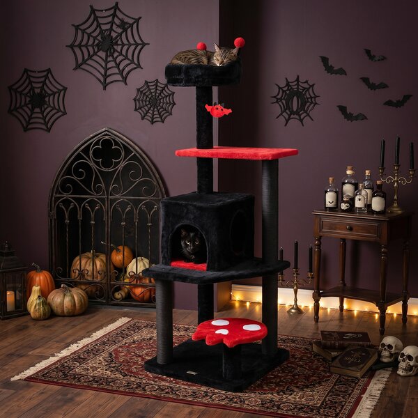 Costway Albero tiragraffi per gatti 144 cm per gatti adulti e piccoli, Parco di attività a 5 livelli stile halloween Rosso