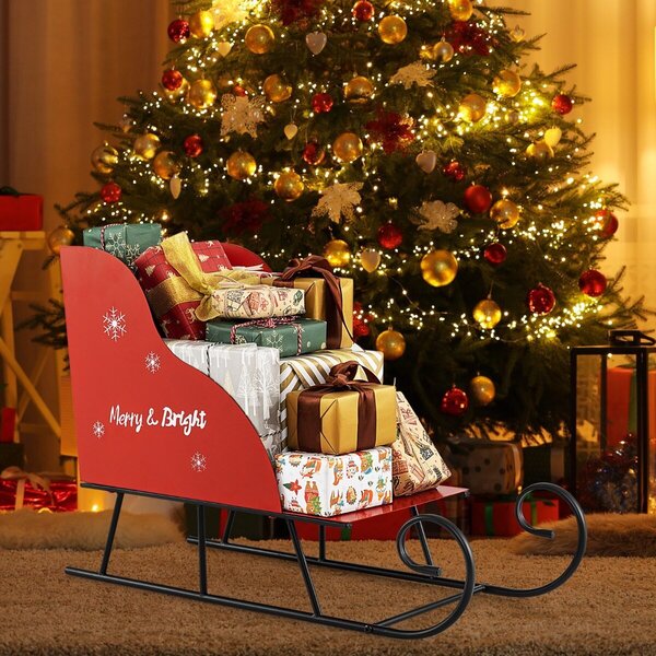 Costway Mezzo albero di Natale alto 210 cm e cestino slitta di babbo Natale in metallo, Albero artificiale rami e cestino decorazione festiva slitta carrello